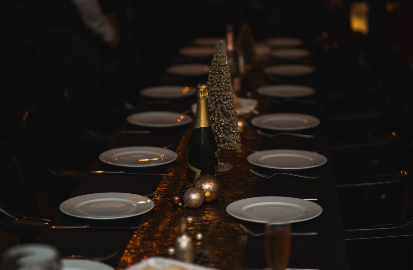 Corporate Christmas Dinner Long-Table Scene Setup