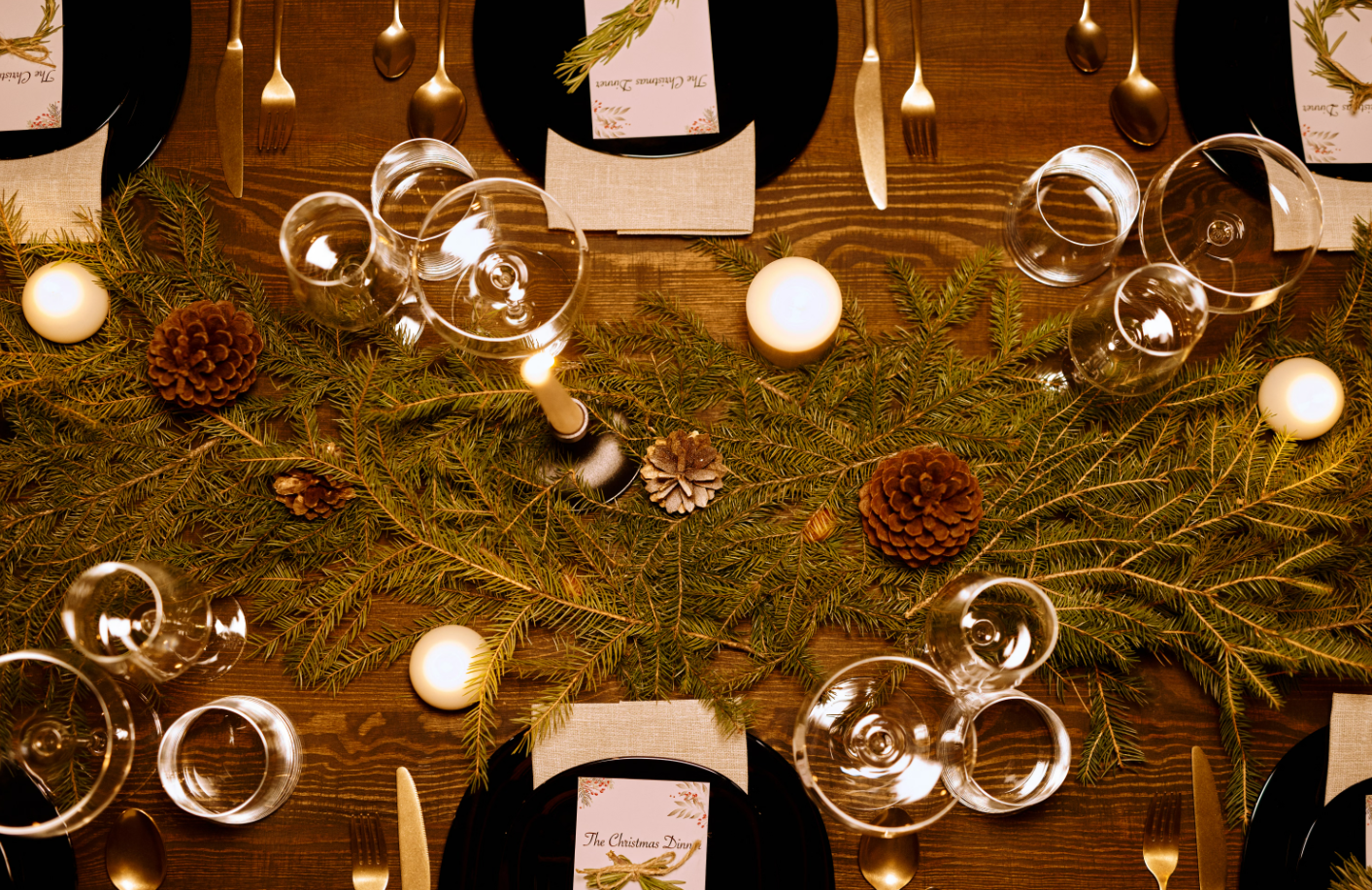 Christmas Long-Table Pine Branch Candlelight Dinner Setup